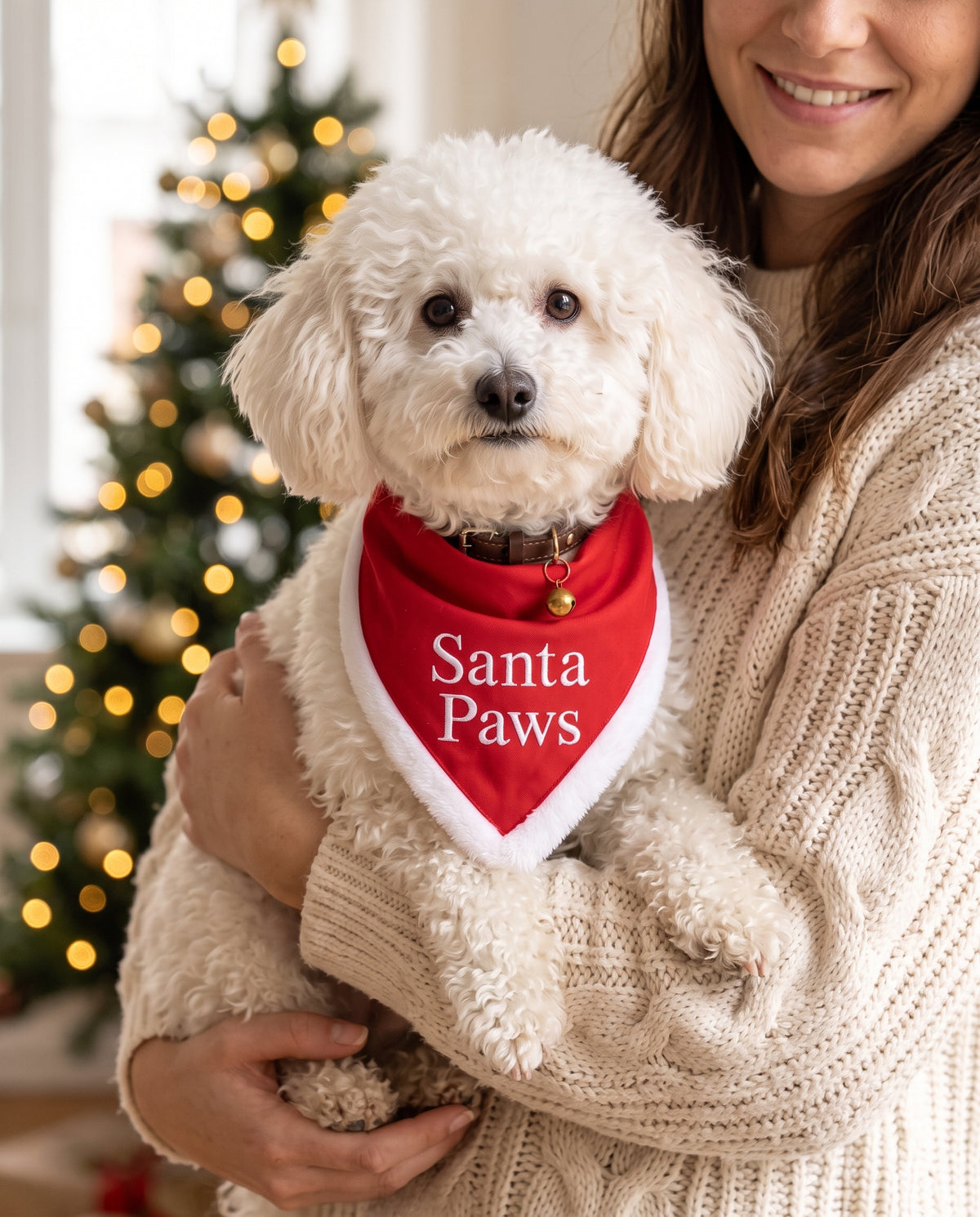 Ben in braccio con la bandana di Natale Santa Paws davanti all'albero