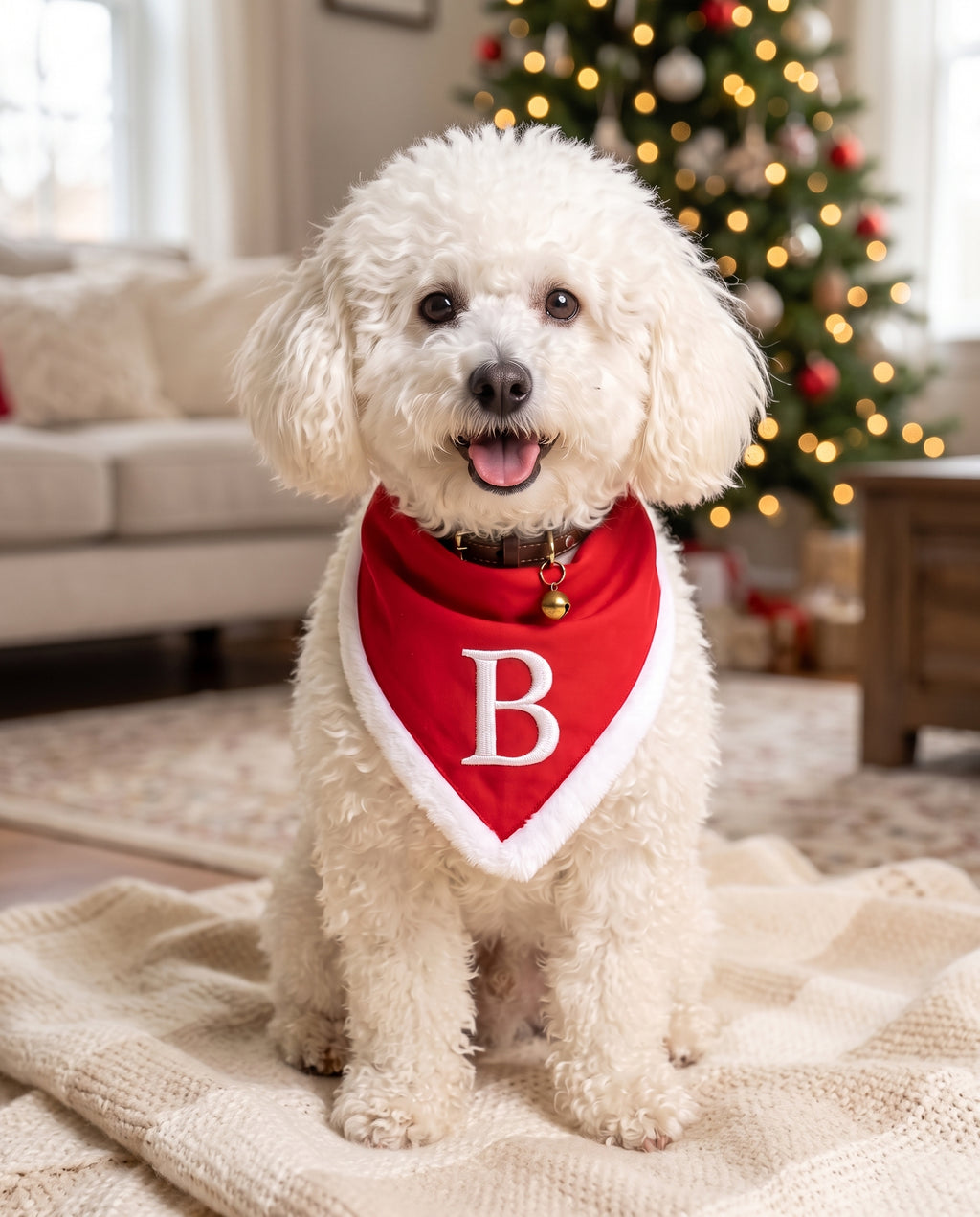 Ben con la bandana di Natale personalizzata davanti all'albero di Natale