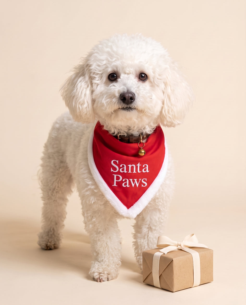 Ben con la bandana di Natale Santa Paws accanto a un pacco regalo
