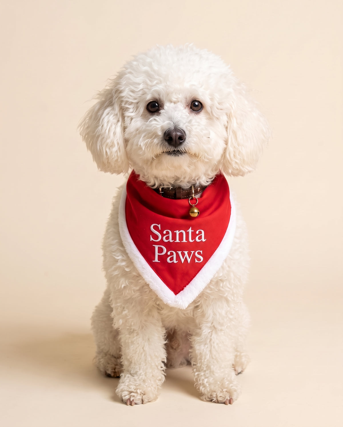 Ben, barboncino bianco, con la bandana di Natale rossa e la scritta Santa Paws ricamata in bianco