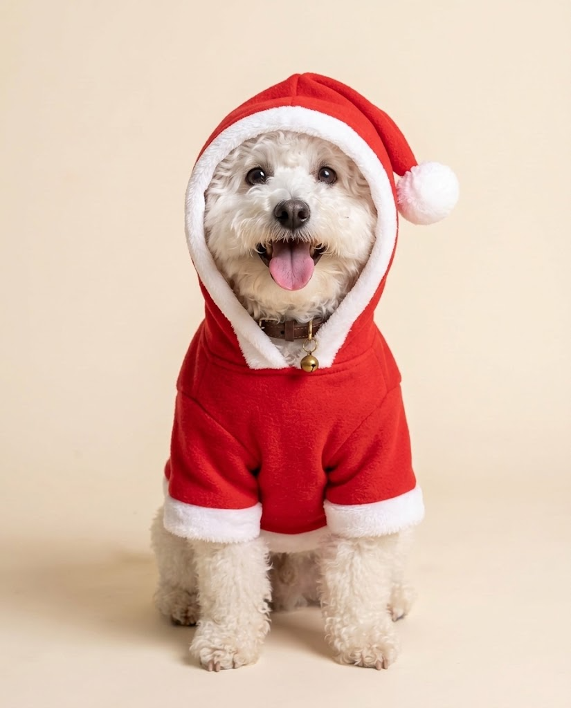 Ben sorridente con la felpa Babbo Natale per cane, cappuccio con pon pon