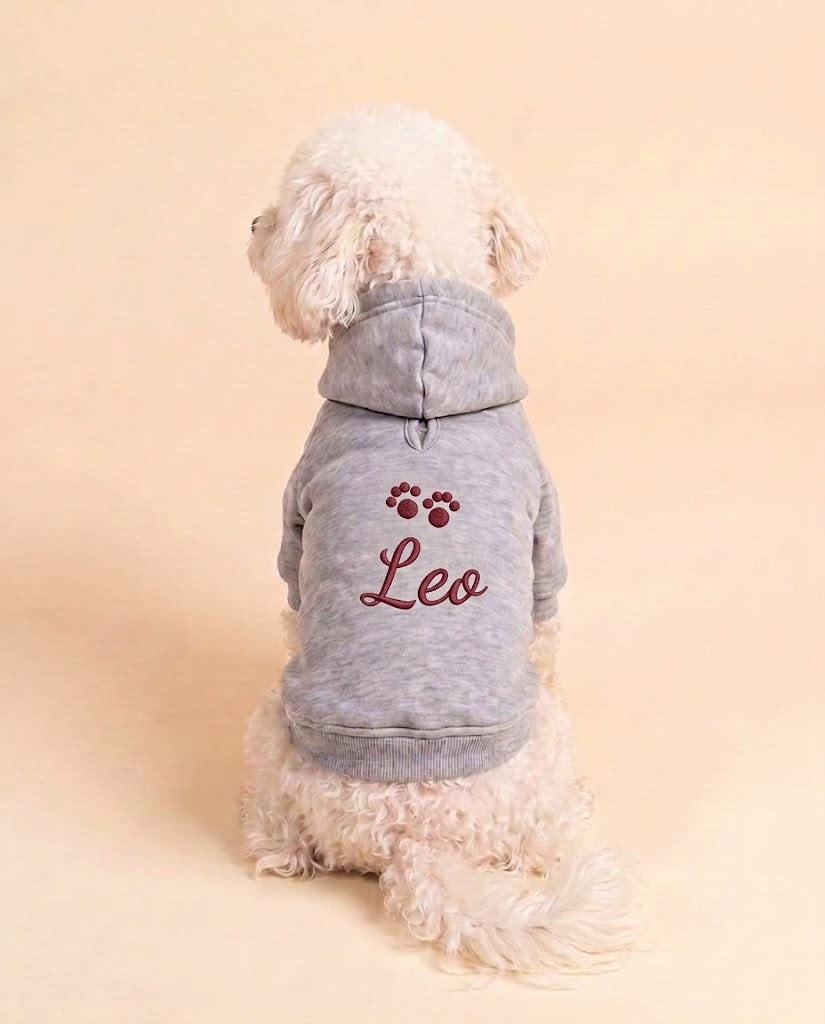 Felpa con cappuccio per cane grigio melange con nome Leo e zampine ricamate in borgogna sulla schiena