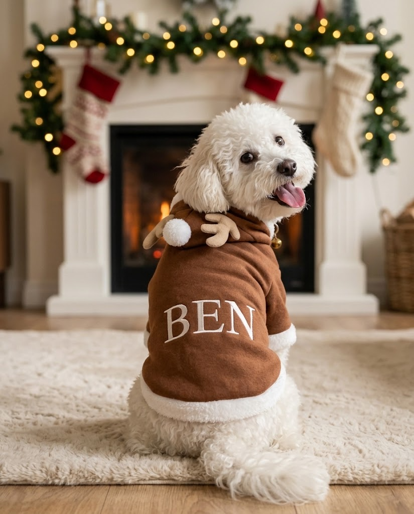 Ben davanti al camino di Natale con la felpa Renna e il nome BEN ricamato