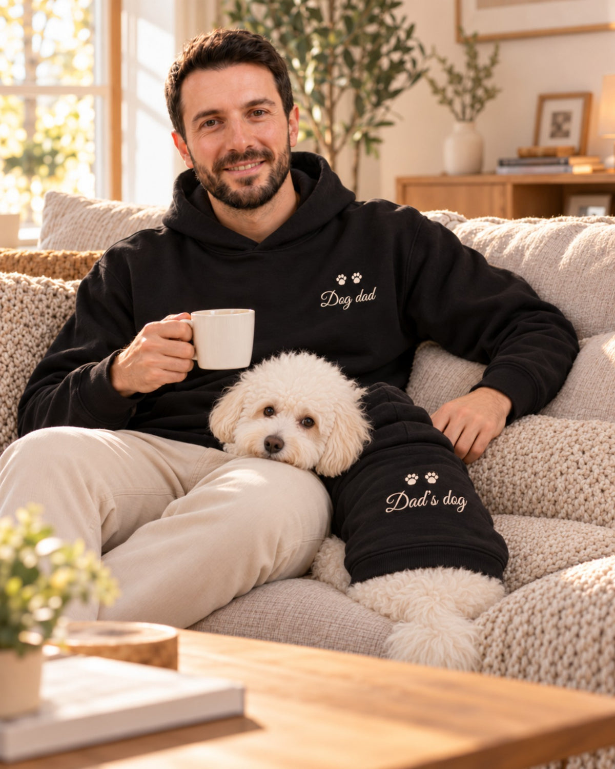 Uomo sul divano con Ben sdraiato, felpe nere abbinate Dog dad e Dad's dog con ricamo panna