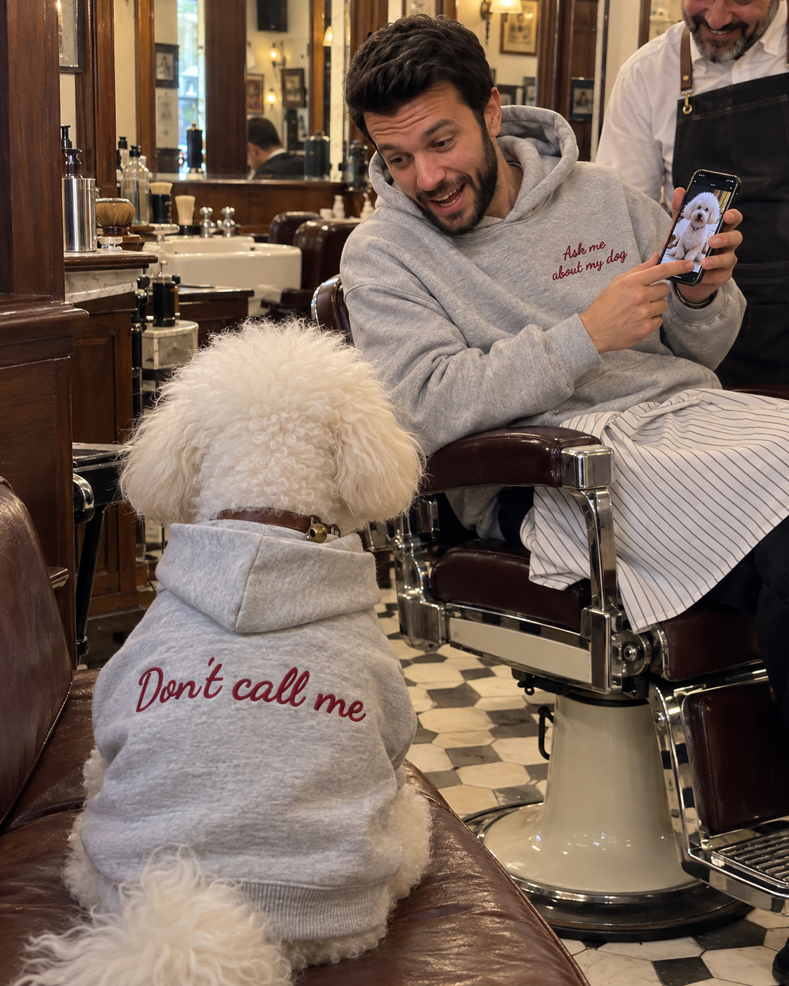 Set felpe abbinate Ask me about my dog grigio: lui e il suo cane