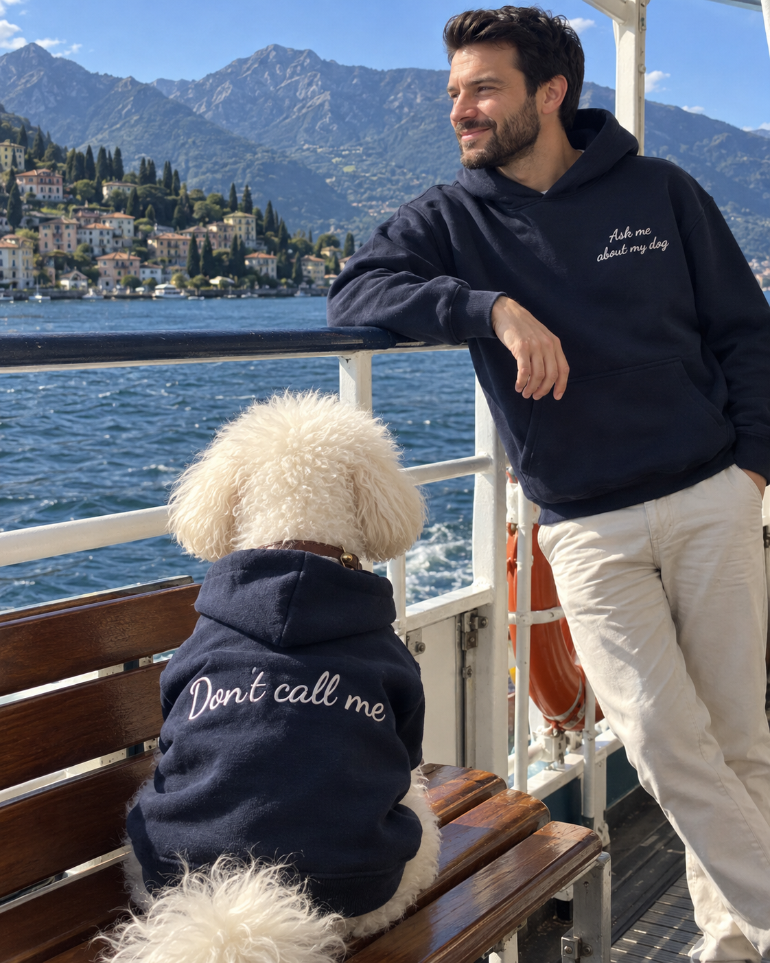 Set felpe abbinate Ask me about my dog blu navy: lui e il suo cane