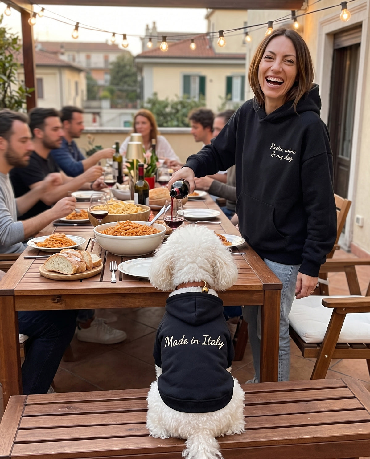 Set felpe abbinate Pasta, wine & my dog nero: lei e il suo cane a tavola