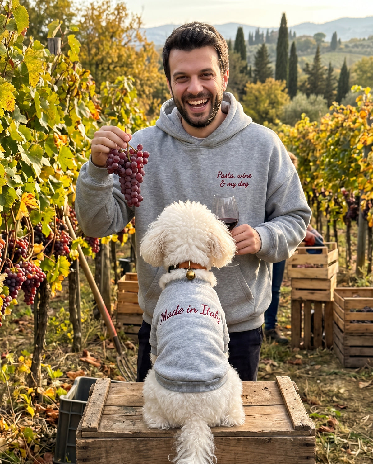 Set felpe abbinate Pasta, wine & my dog grigio: lui e il suo cane a tavola
