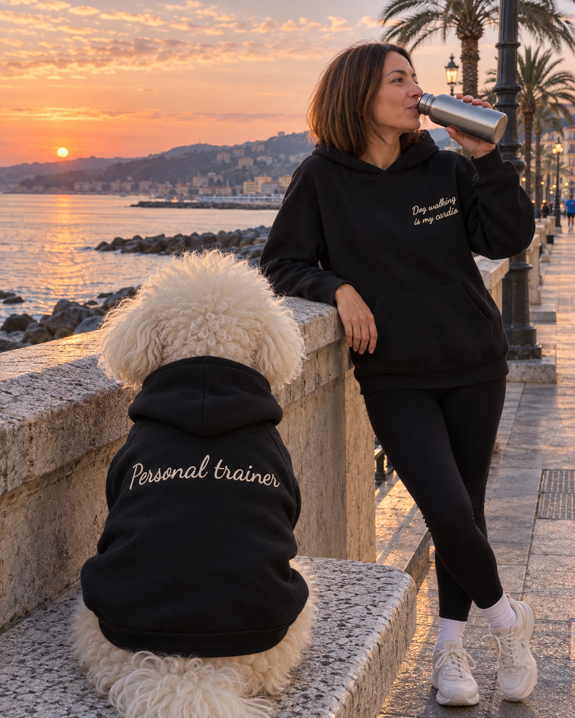 Set felpe abbinate Dog walking is my cardio nero: lei e il suo cane al tramonto