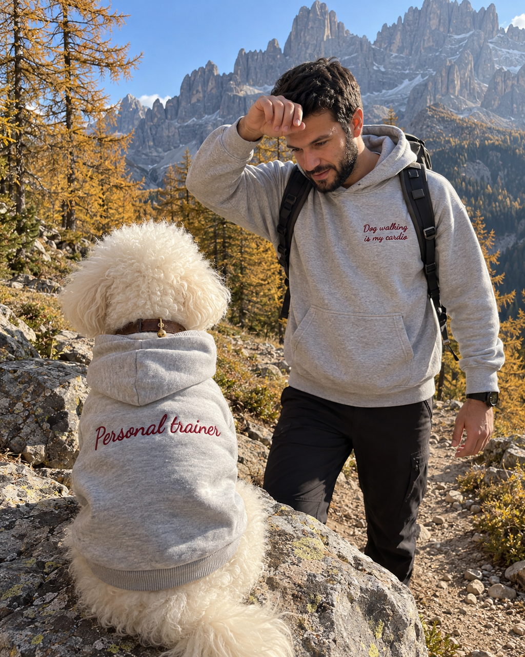 Set felpe abbinate Dog walking is my cardio grigio: lui e il suo cane in montagna
