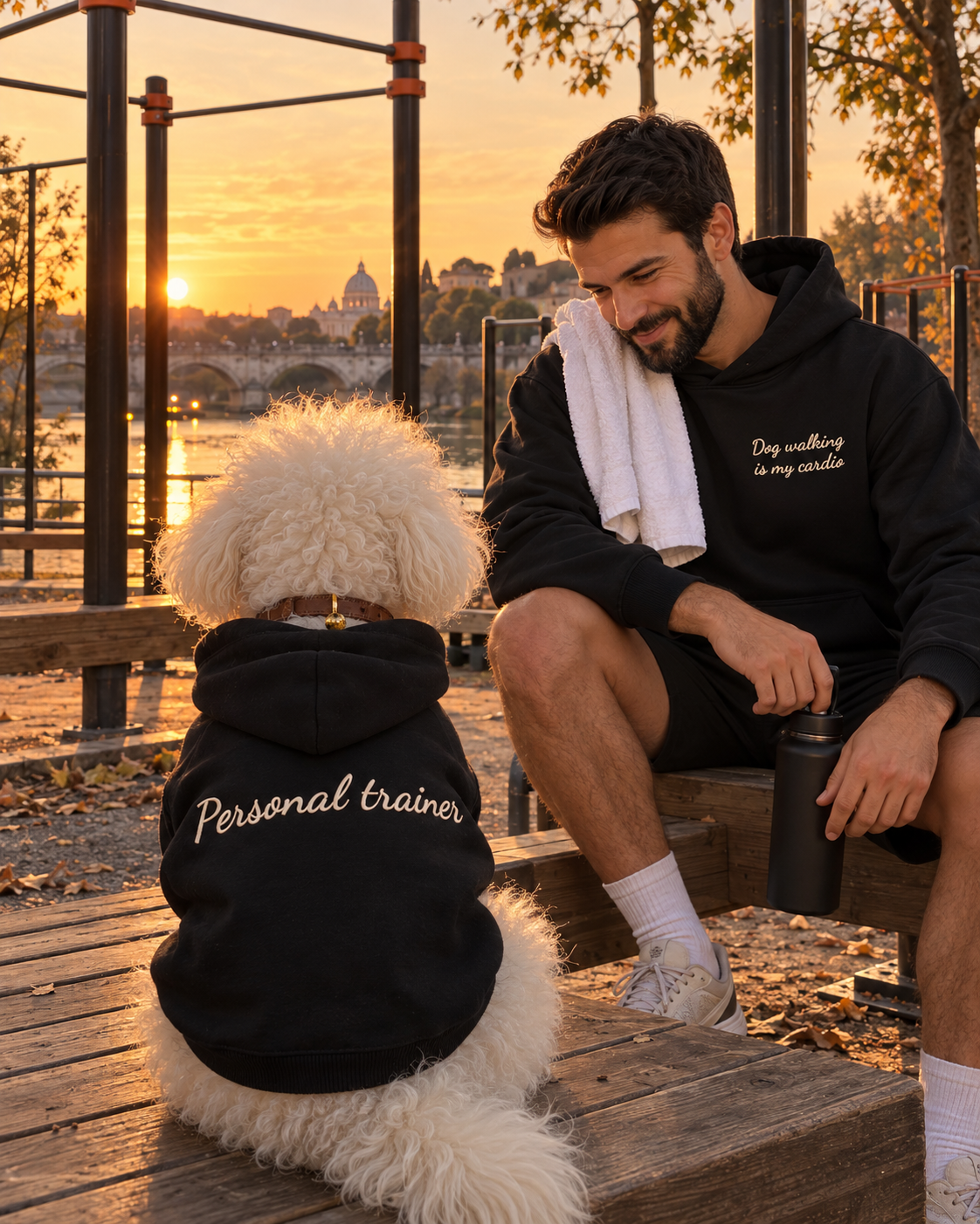 Set felpe abbinate Dog walking is my cardio nero: lui e il suo cane al tramonto