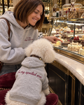 Set felpe abbinate In my dog mom era + In my spoiled era grigio melange: donna in pasticceria con felpa ricamata e cane con felpa In my spoiled era