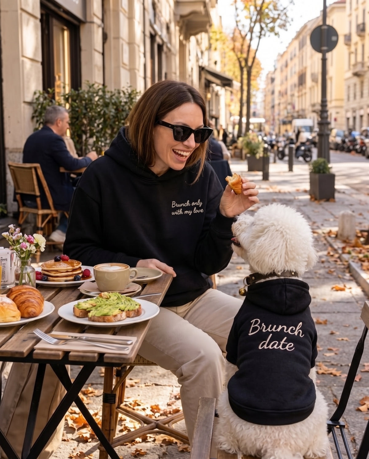 Set felpe abbinate Brunch only with my love nero: lei e il suo cane a brunch