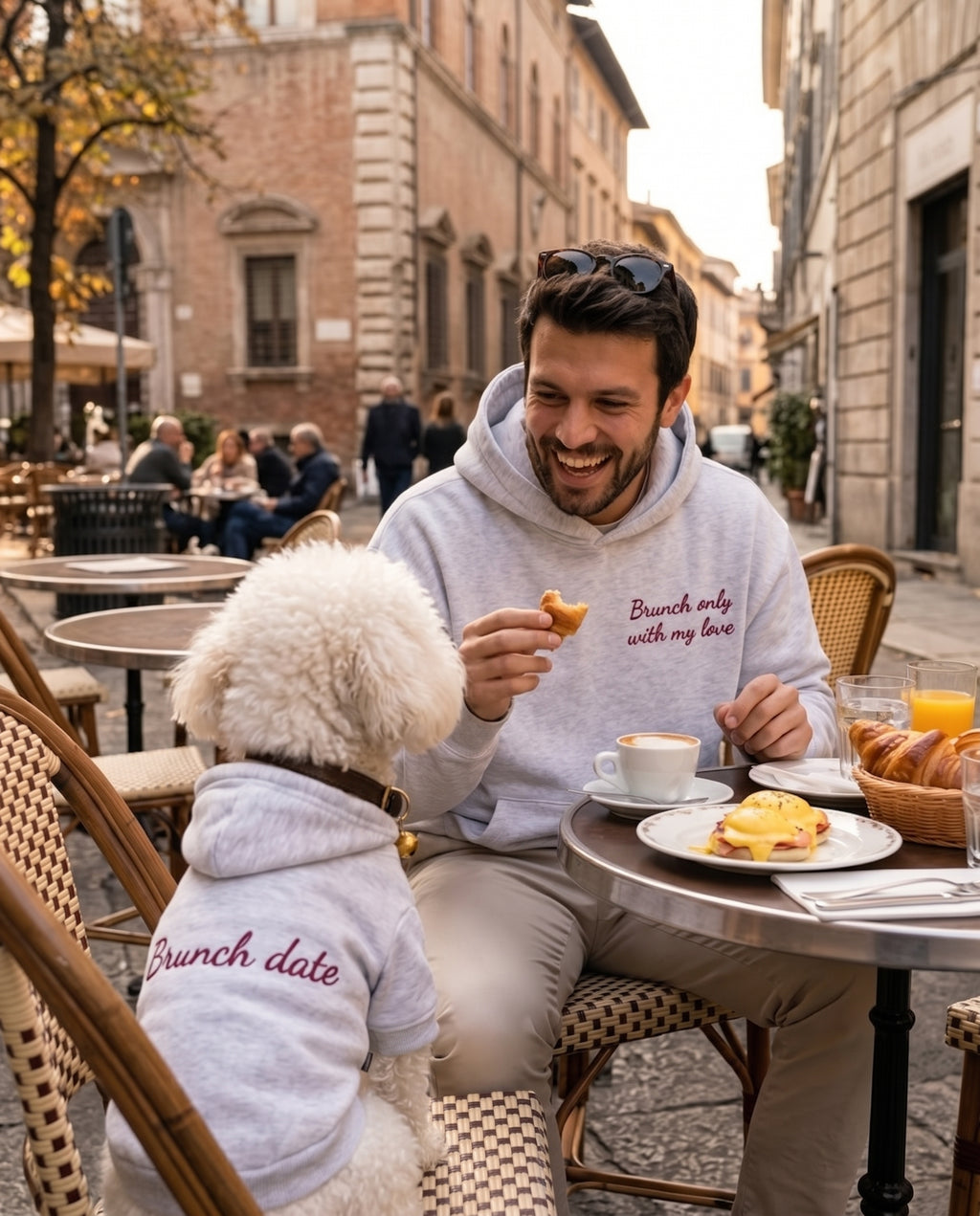 Set felpe abbinate Brunch only with my love grigio: lui e il suo cane a brunch