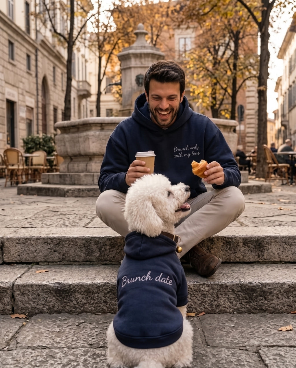 Set felpe abbinate Brunch only with my love blu navy: lui e il suo cane a brunch